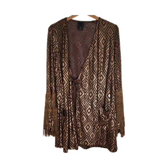 Anna‎ Sui cardigan wrap fringed metallic black gold diamond, missing belt size S - Picture 1 of 15